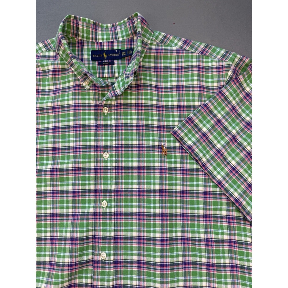 Ralph Lauren Shirt Men's  XXL‎ Green Blue Pink Button Up Short Sleeve Plaid